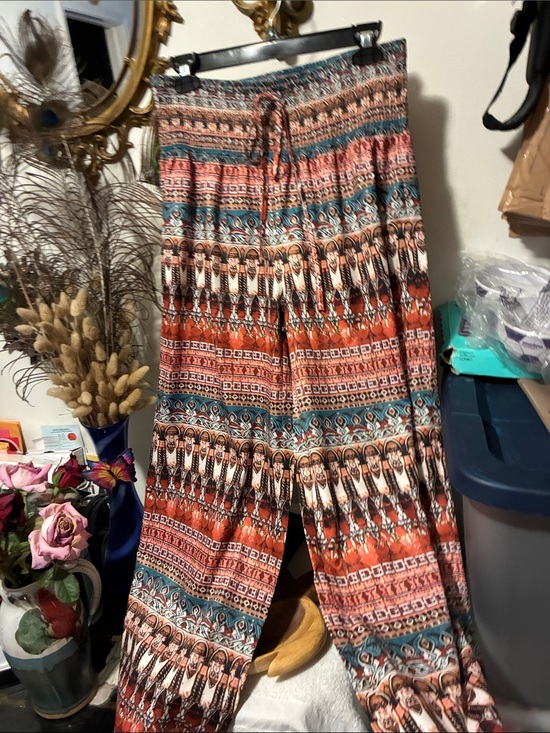 Pants - Boho Wide-Leg Printed Women's Pants in Rust & Teal New without tag